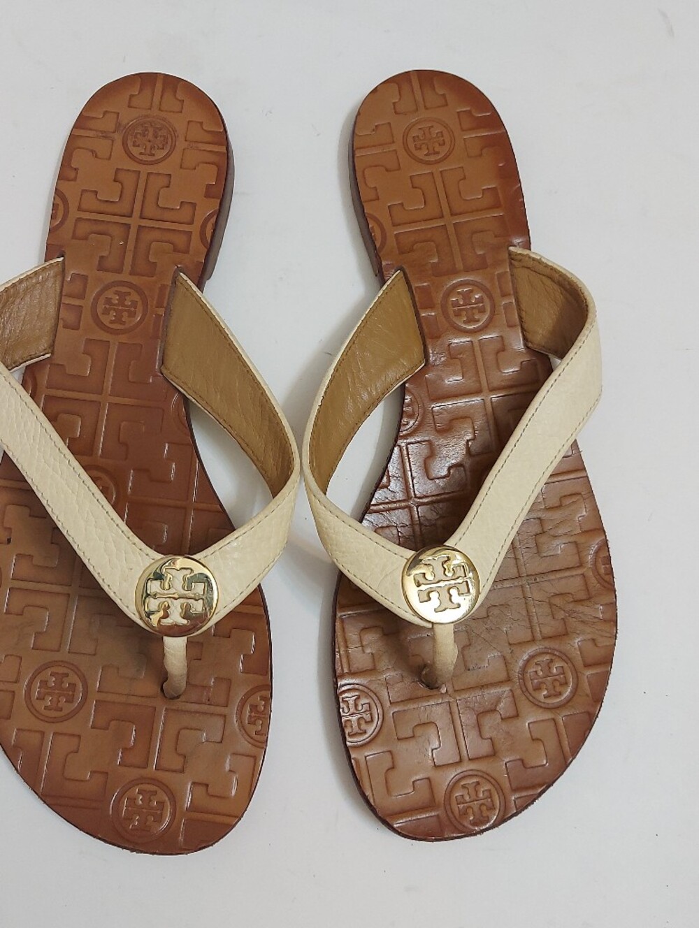 Tory Burch Beige and Brown Logo Thong Sandals